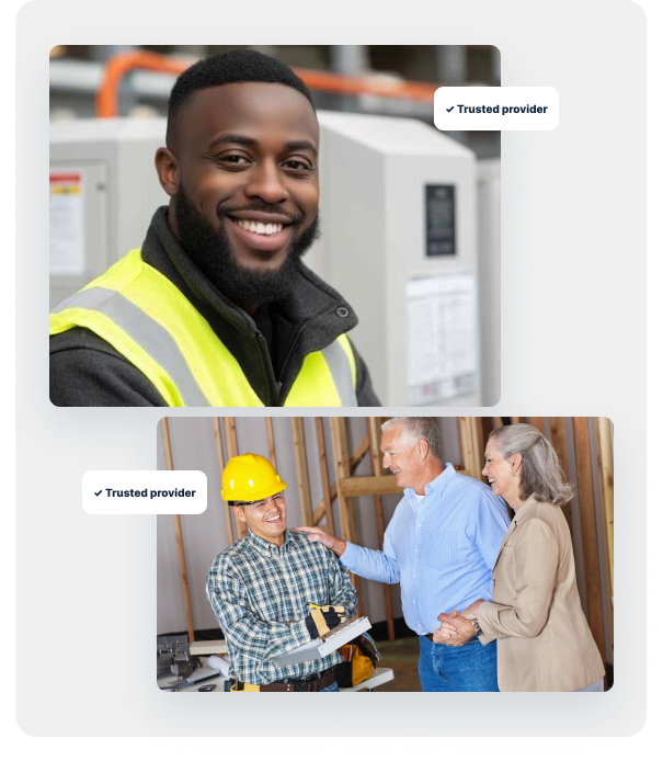 A provider working on an HVAC unit, and a provider shaking hands with clients — both photos labelled 'Trusted provider'